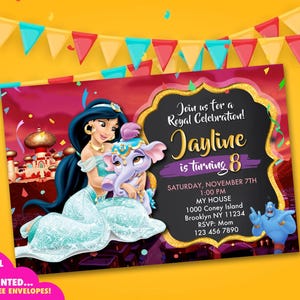 Invitation princesse jasmin, invitations d'anniversaire jasmin, carte d'invitation imprimée ou fichier numérique, invitation d'anniversaire de princesse, princesse arabe