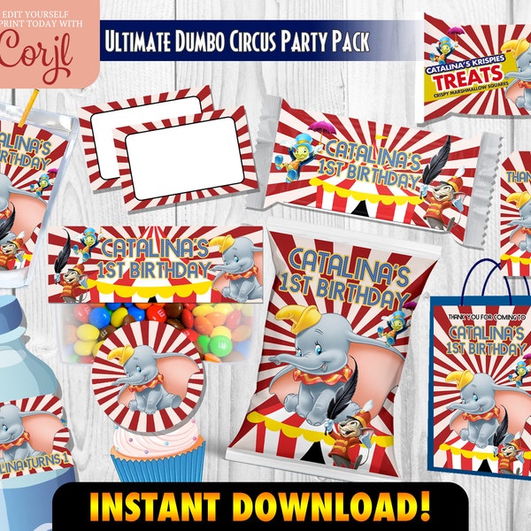 Dumbo Party Printables, Dumbo Zirkus Gastgeschenke, Dumbo Geburtstagsdeko, Dumbo Chip Beuteletiketten, Dumbo Wasserflaschenetiketten, Pringles Etiketten