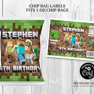 Minecrafter Chip Bag Labels: Party Printables (8.5x11 in, Digital Download