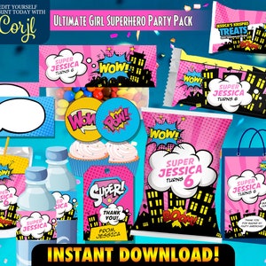 Mädchen-Superheld-Printables, Chip-Taschenetiketten, rosa Superheld-Partydekor und -geschenke, druckbare Dankeschön-Tags, Wasserflaschenetiketten über CORJL