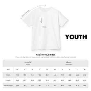 May include: A white Gildan 5000B youth t-shirt size chart with a diagram showing sleeve length, body length, and width. A table provides measurements in inches for sizes XS through XL, noting that measurements may vary by plus or minus 1 inch.