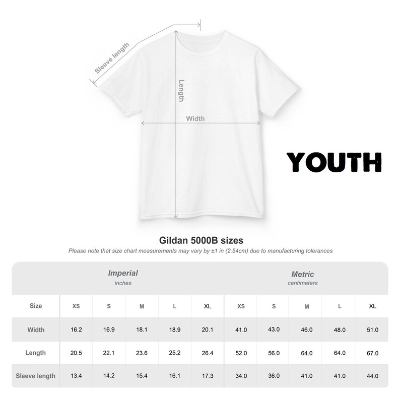 May include: A white Gildan 5000B youth t-shirt size chart with a diagram showing sleeve length, body length, and width. A table provides measurements in inches for sizes XS through XL, noting that measurements may vary by plus or minus 1 inch.