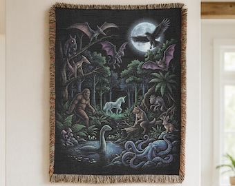 Vintage Cryptid, Bigfoot Mothman Unicorn Woven Blanket | Gothic 90s Throw | Home Decor Wall Tapestry