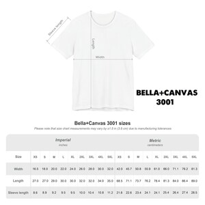 May include: A white t-shirt with a diagram showing sleeve length, body length, and width measurements. The text reads BELLA+CANVAS 3001 and Bella+Canvas 3001 sizes, including a table with measurements in inches and centimeters for sizes XS to 5XL.