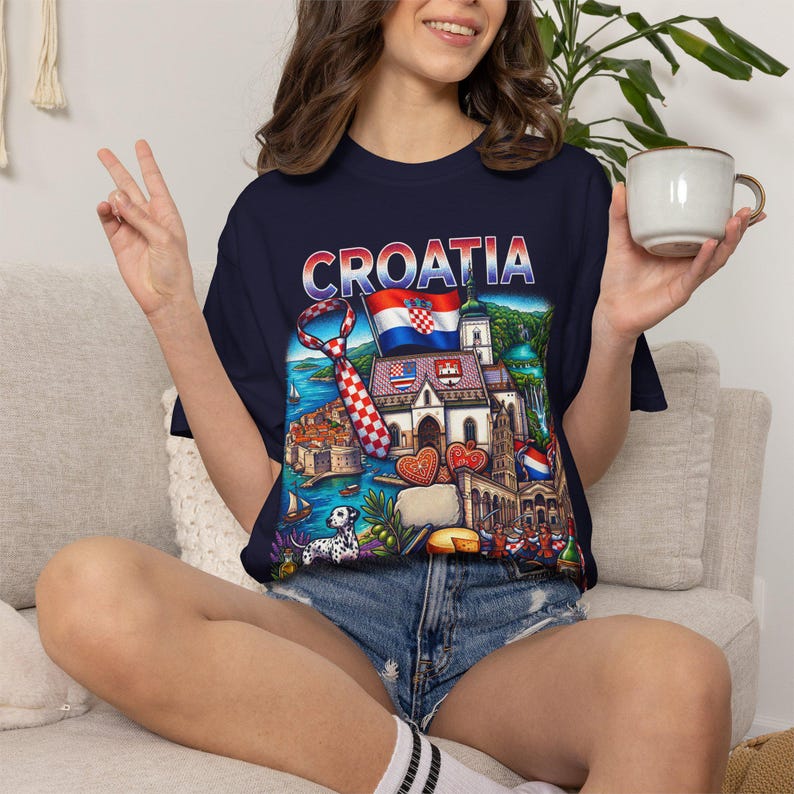 A person wearing a blue acid-wash T-shirt featuring a colorful graphic design of Croatia landmarks and symbols, including a Dalmatian dog, necktie, Mediterranean coast, and historic architecture, showcasing European culture.
