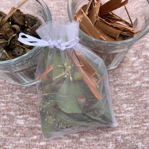 Aromatherapy Eucalyptus sachet - leaves, pods, and bark in a pretty organza bag. Hang in shower, stocking stuffer gift or self care treat!