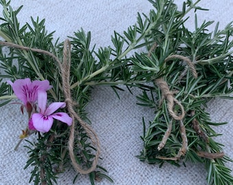 3 rustic rosemary bundles, 5 stems each.  Freshly cut, organic, tied with natural twine. For table decor, cooking, wreath making, or more!