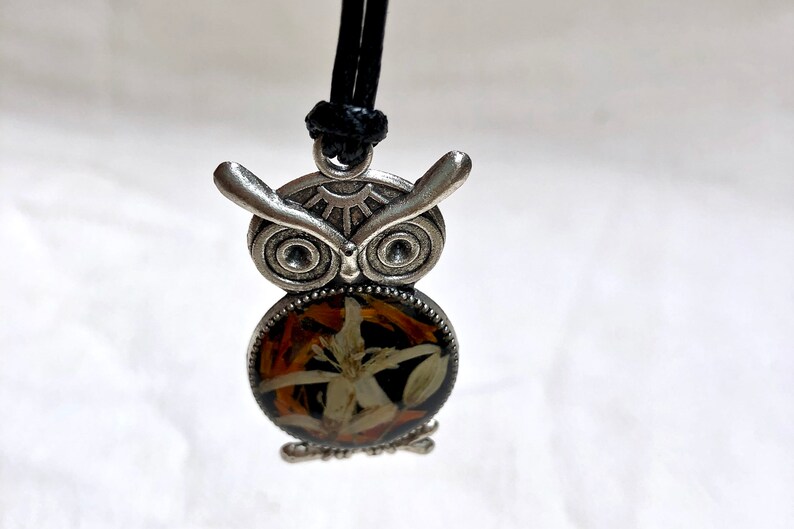 Owl Necklace with French Marigold and Autumn Clematis