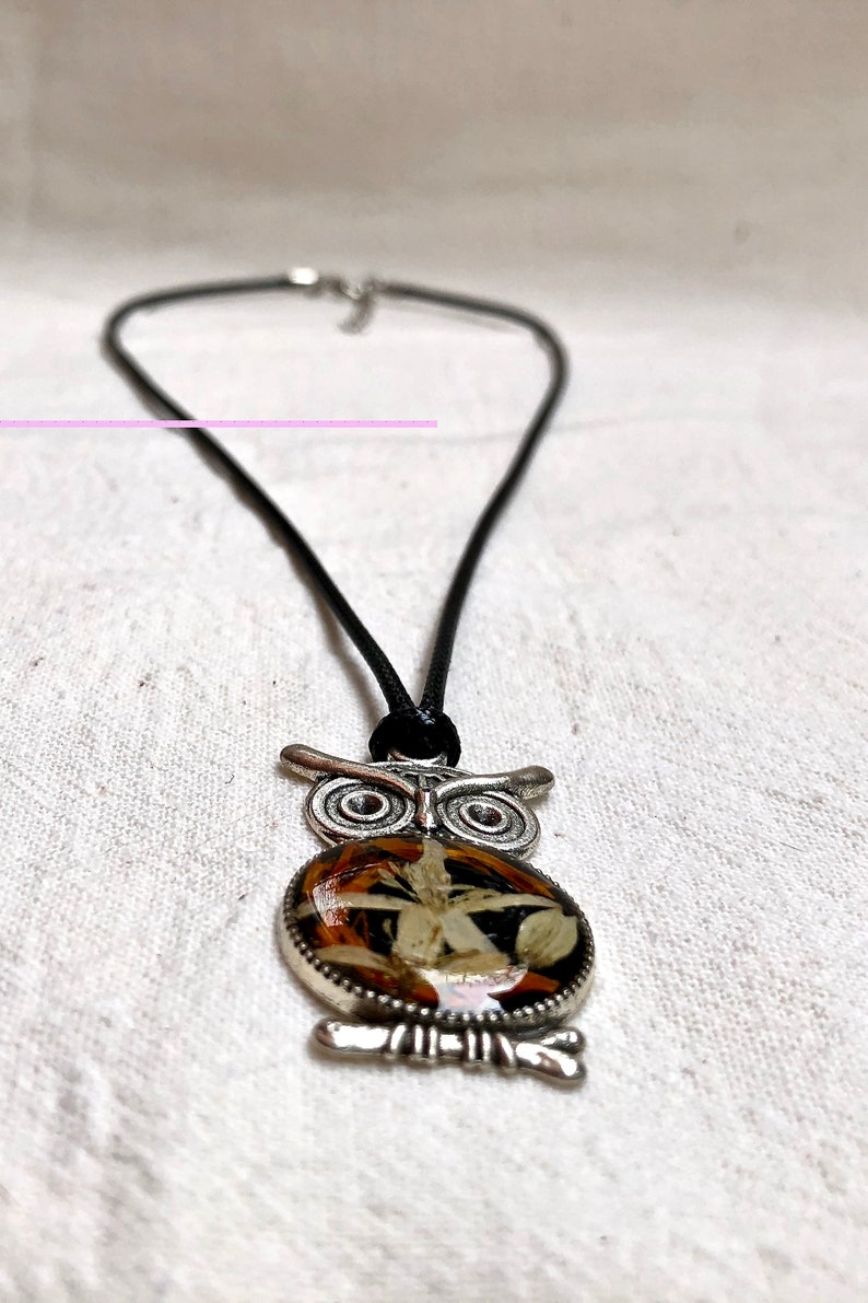 Owl Necklace with French Marigold and Autumn Clematis