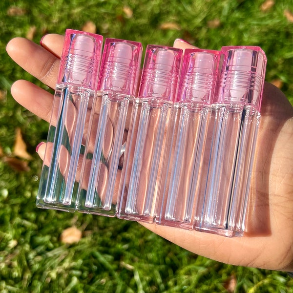 10 PACK Crystal Clear - Pink Roll on Empty Lip Gloss Tube Wholesale Lipgloss Supplies Roller Ball