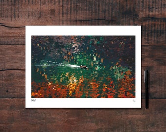 Illustration of an autumn fishing scene on a shimmering lake, drawn in black ink and printed for decoration.