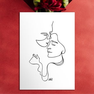 Carte romantique et minimaliste A6 illustrée en line art d’un couple hétérosexuel et imprimée pour la St-Valentin ou de la décoration