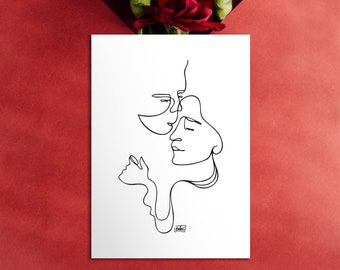 Romantic and minimalist A6 card illustrated in line art with a heterosexual couple, printed for Valentine's Day or decoration.