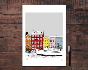 Modern illustration of Copenhagen's colorful Nyhavn harbor, drawn in black ink and printed for decoration