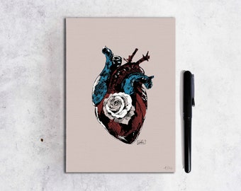 A delicate illustration of a rose and a heart, drawn in black ink and printed for decoration.