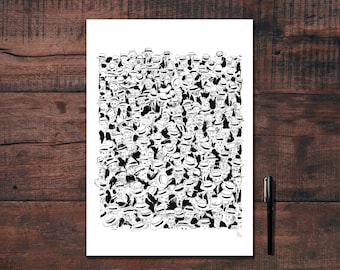 Graphic illustration of a crowd of men in hats, drawn in black ink and printed for decoration
