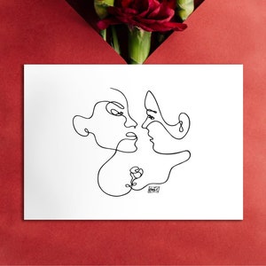 Carte romantique et minimaliste A6 illustrée en line art d’un couple gay féminin et imprimée pour la St-Valentin ou de la décoration