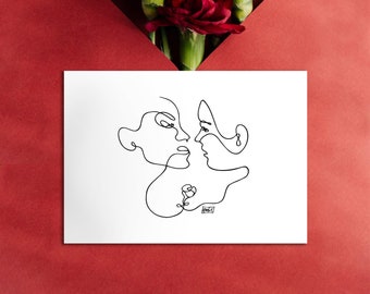 Romantic and minimalist A6 card illustrated in line art with a lesbian couple, printed for Valentine's Day or decoration.