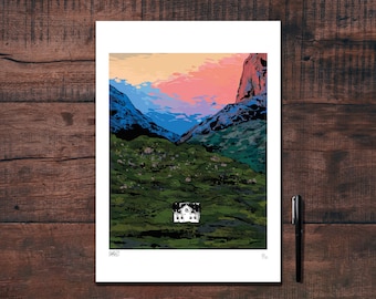Contemporary illustration of a Norwegian mountain landscape, drawn in black ink and printed for decoration.