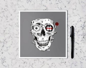 Funny illustration of a skull drawn in black ink and printed for decoration