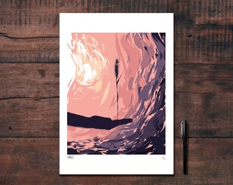 Expressive illustration of a twig balanced on a hand, drawn in black ink and printed for decoration.