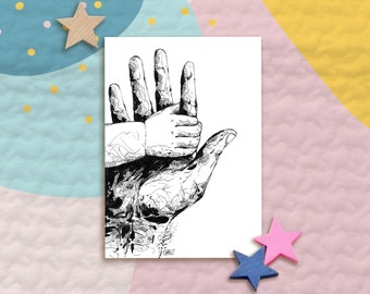 A6 birth announcement card illustrated with a baby's and an adult's hand, printed for gifting and decoration.