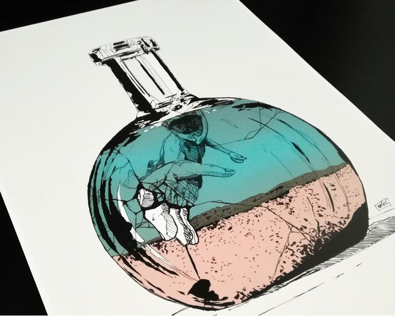 Creative illustration of a bottle in the sea drawn in black ink and printed for decoration image 2