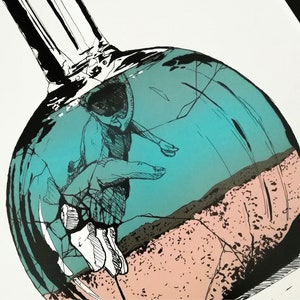 Creative illustration of a bottle in the sea drawn in black ink and printed for decoration image 5