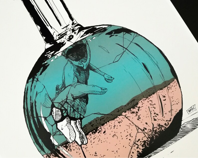 Creative illustration of a bottle in the sea drawn in black ink and printed for decoration image 5