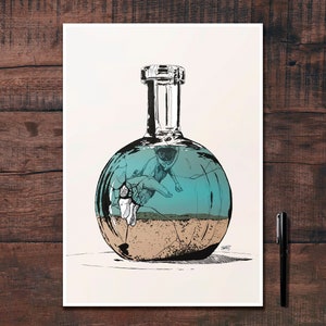 Creative illustration of a bottle in the sea drawn in black ink and printed for decoration image 1