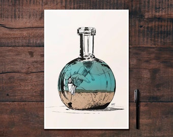 Creative illustration of a message in a bottle, drawn in black ink and printed for decoration.