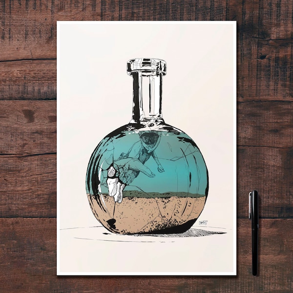 Illustration créative d’une bouteille à la mer dessinée à l’encre noire et imprimée pour de la décoration