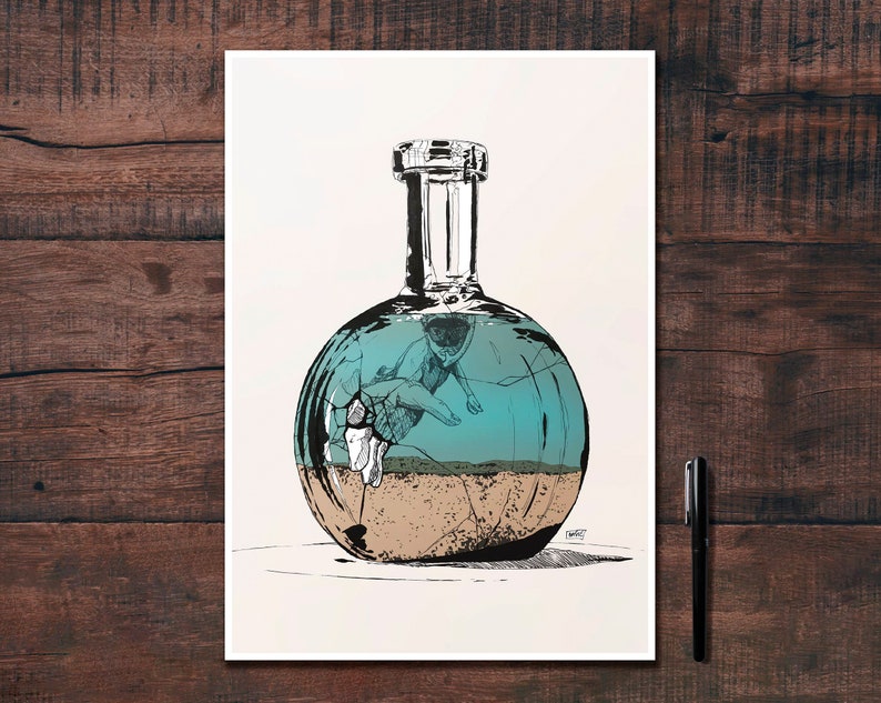 Creative illustration of a bottle in the sea drawn in black ink and printed for decoration image 1