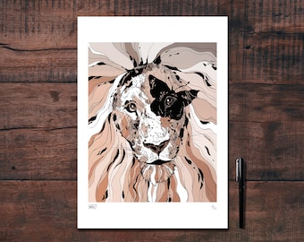 Adorable illustration of a mischievous lion and a butterfly, drawn in black ink and printed for decoration.