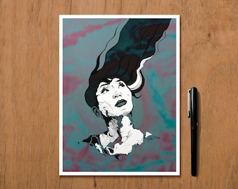Pop illustration of a woman with long hair drawn in black ink and printed for decoration