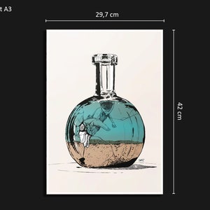 Creative illustration of a bottle in the sea drawn in black ink and printed for decoration image 8