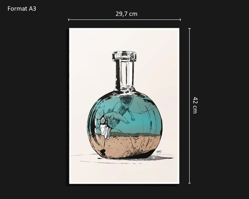 Creative illustration of a bottle in the sea drawn in black ink and printed for decoration image 8