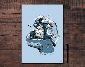 Marine illustration of a ship held by two giant hands, drawn in black ink and printed for decoration.