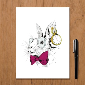 Ilustración de conejo de Alicia en el País de las Maravillas en tinta negra e impresa para decoración.