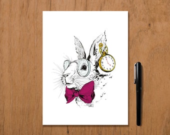 Illustration of the rabbit from Alice in Wonderland in black ink and printed for decoration