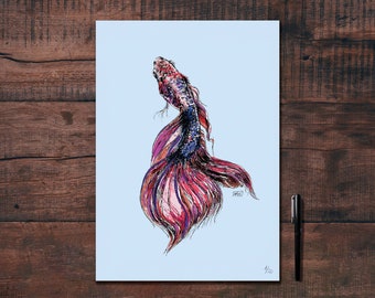 A minimalist illustration of a multicolored fighting fish, drawn in black ink and printed for decoration.