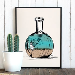 Creative illustration of a bottle in the sea drawn in black ink and printed for decoration image 7