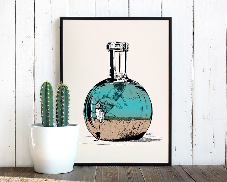 Creative illustration of a bottle in the sea drawn in black ink and printed for decoration image 7