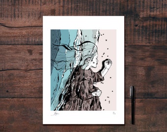 Poetic illustration of a girl on the beach drawn in black ink and printed for decoration