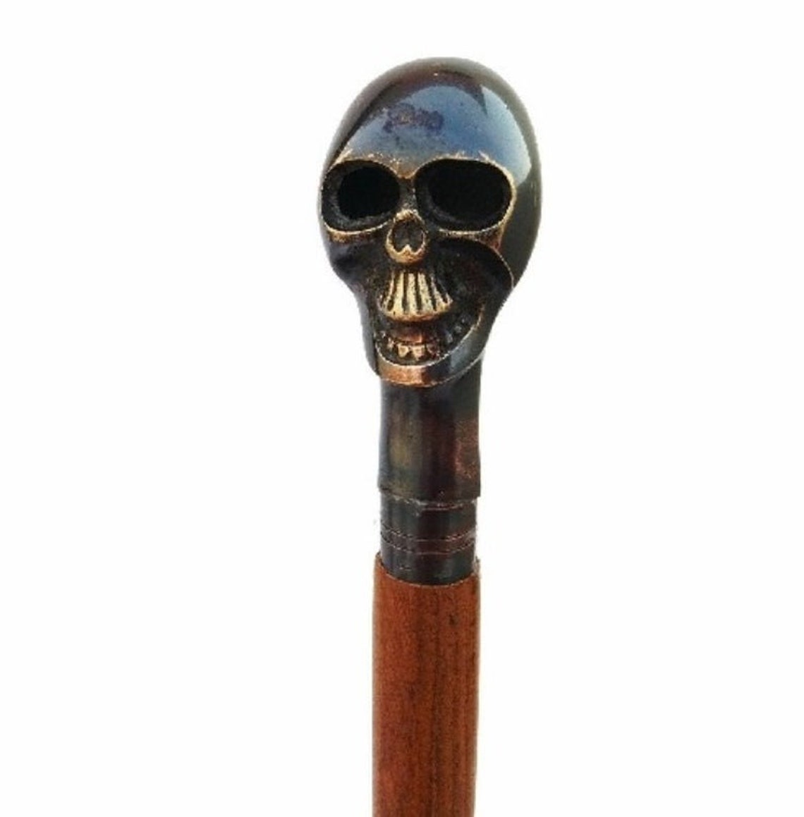 Skull Head Brass Round Style Brown Wooden Walking Cane for Men Etsy