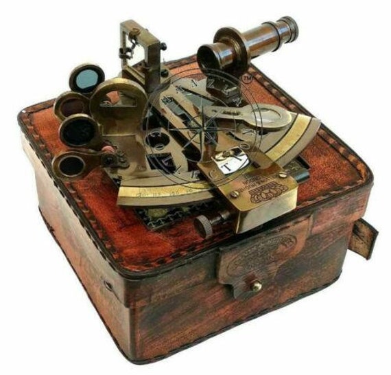 NAUTICAL MARINE SEXTANT & WOODEN BOX BRASS COLLECTIBLE GERMAN ASTROLABE GIFT 