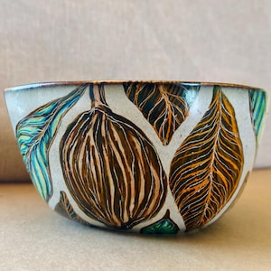 Bol de cacao botánico pintado a mano – Pieza única | Bol de cacao de cerámica | Arte botánico | Regalo inspirado en la naturaleza