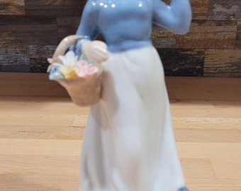 Porcelain Figurine of Girl in Blue with Hat & Basket by Mallorca Spain