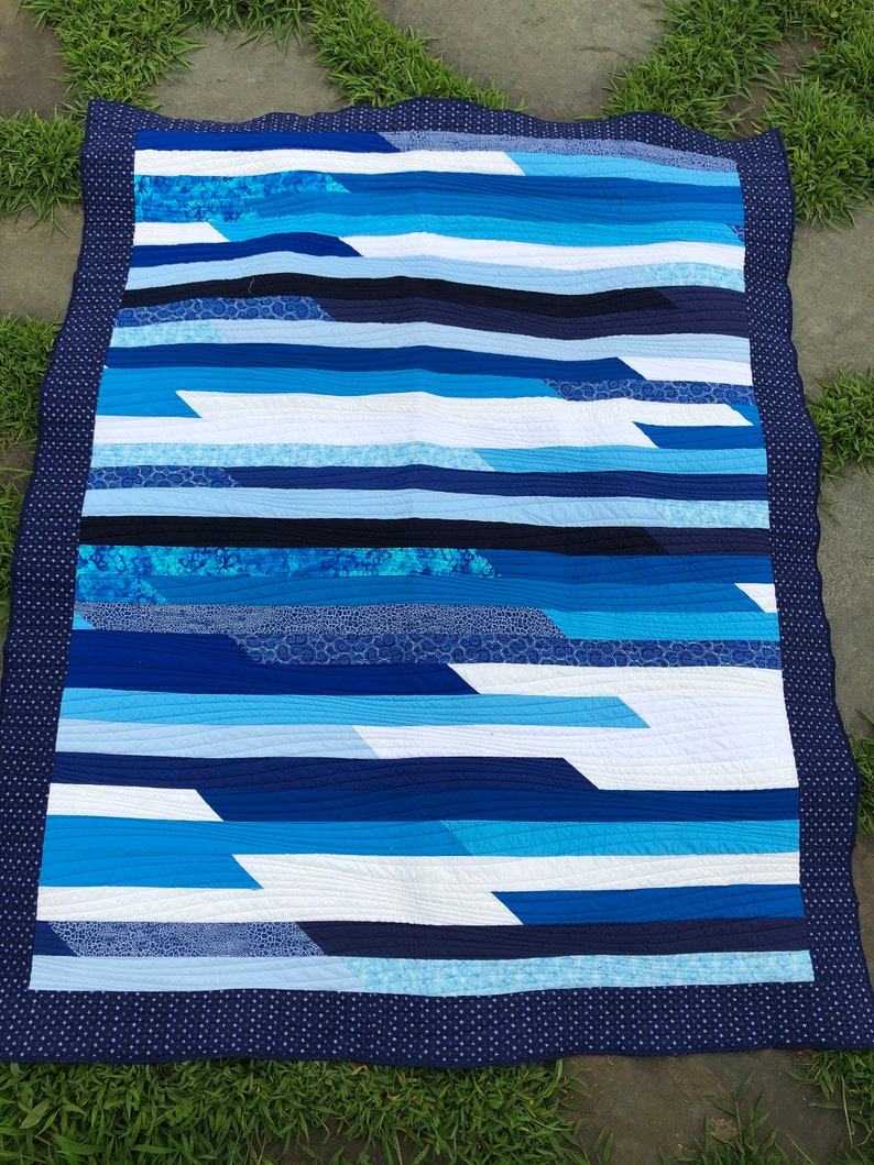 Blue and White patchwork quilt / jelly roll race pattern / Etsy