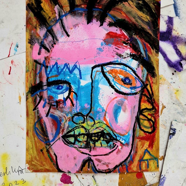 BAD BOY 1. Graffiti style artwork. Modern Art. Expressive portrait of a man. Mixed media paintings. Original artwork on paper.